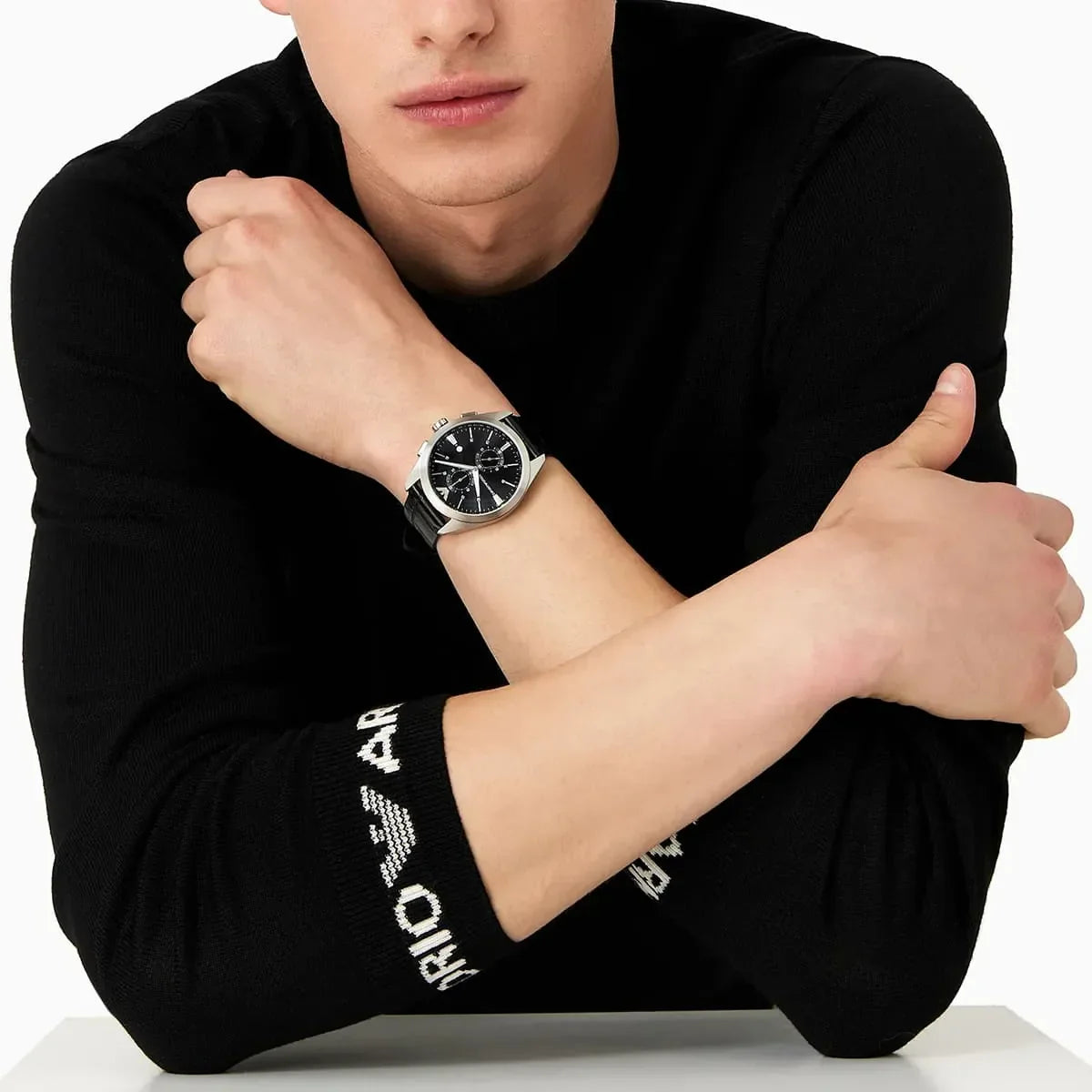 Emporio Armani Claudio Chronograph Black Dial Black Leather Strap Watch For Men - AR11542