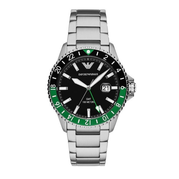 Emporio Armani Sea Explorer GMT Quartz Black Dial Silver Steel Strap Watch For Men - AR11589