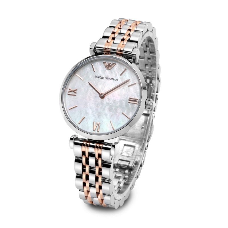 Emporio Armani Gianni T-Bar Mother of Pearl Dial Two Tone Steel Strap Watch For Women - AR1987