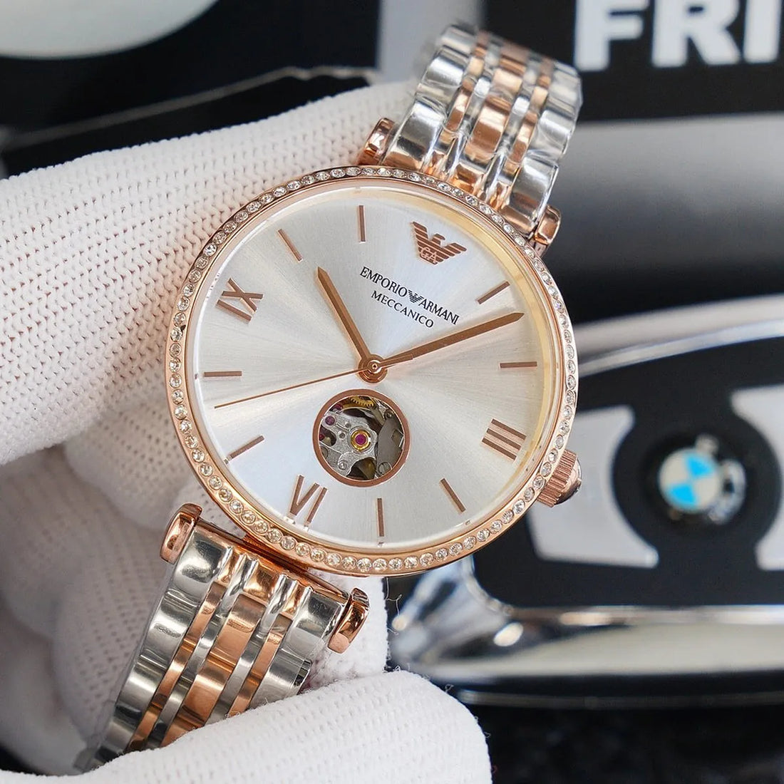 Emporio Armani Gianni T-Bar Analog White Dial Two Tone Steel Strap Watch For Women - AR60019