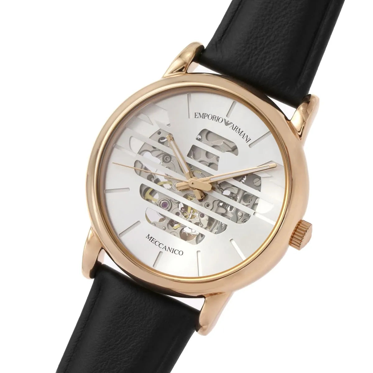 Emporio Armani Meccanico Skeleton Silver Dial Black Leather Strap Watch For Men - AR60031