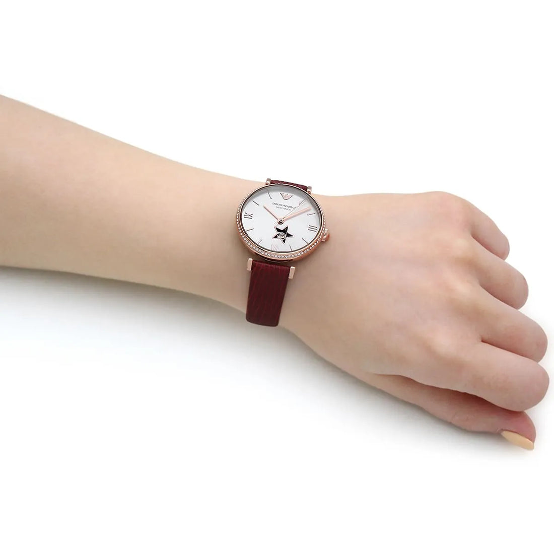 Emporio Armani Meccanico Automatic Silver Dial Burgundy Leather Strap Watch For Women - AR60044