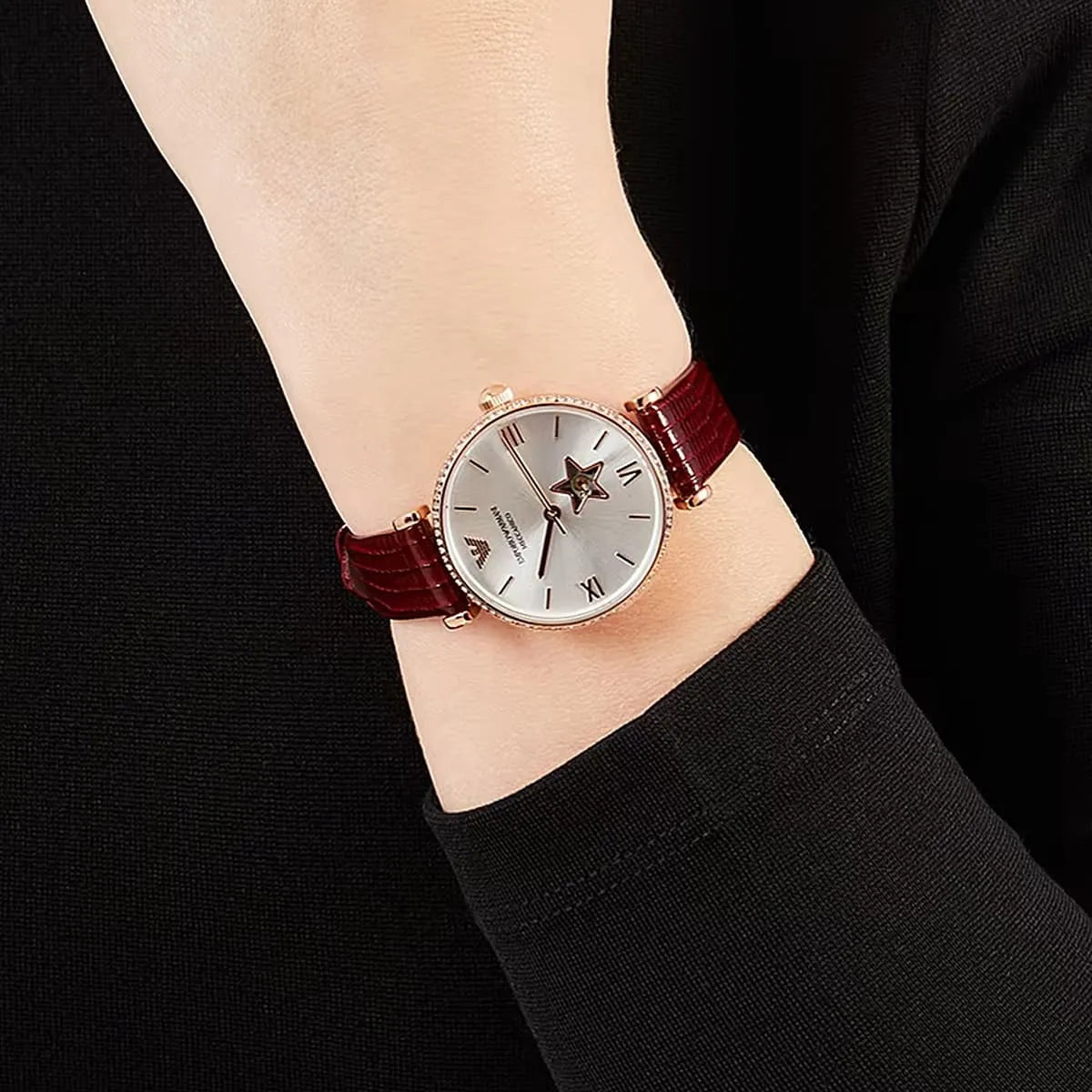 Emporio Armani Meccanico Automatic Silver Dial Burgundy Leather Strap Watch For Women - AR60044
