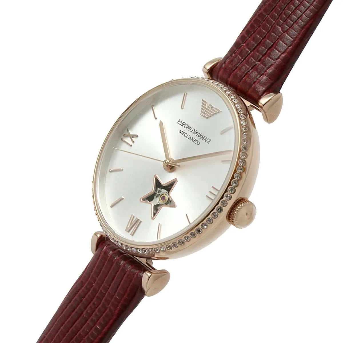 Emporio Armani Meccanico Automatic Silver Dial Burgundy Leather Strap Watch For Women - AR60044