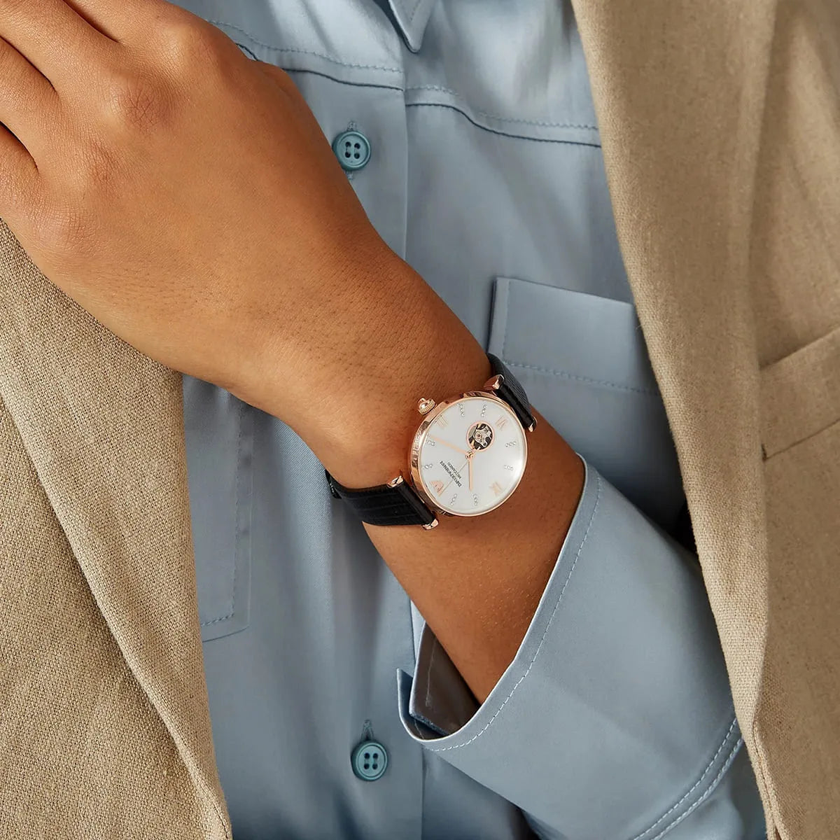 Emporio Armani Gianni T Bar Mother of Pearl White Dial Black Leather Strap Watch For Women - AR60047