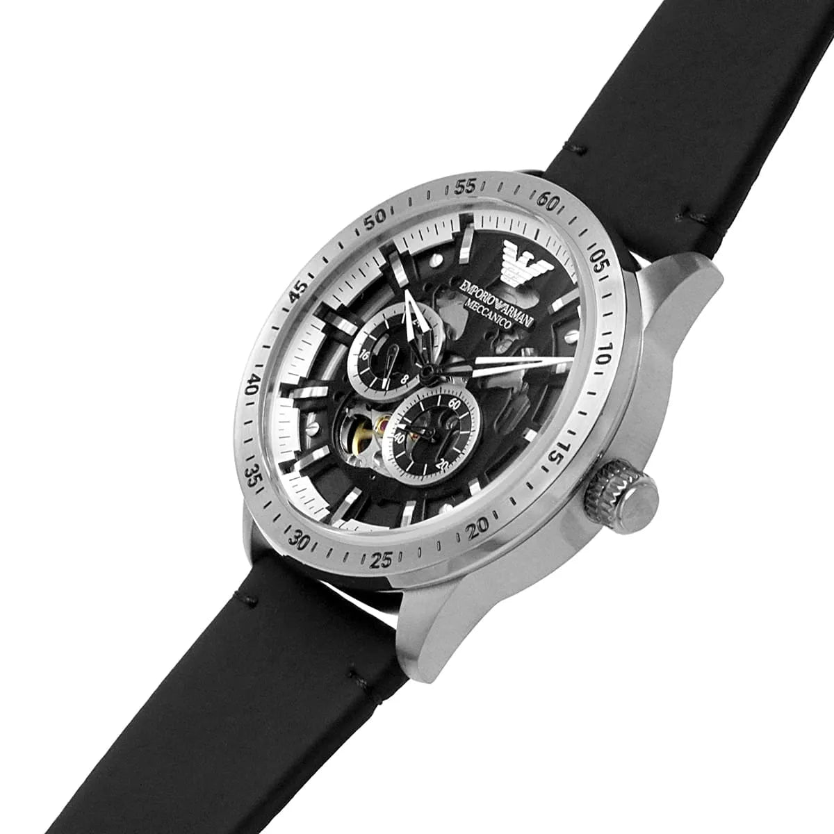 Emporio Armani Renato Chronograph Automatic Black Dial Black Leather Strap Watch For Men - AR60051