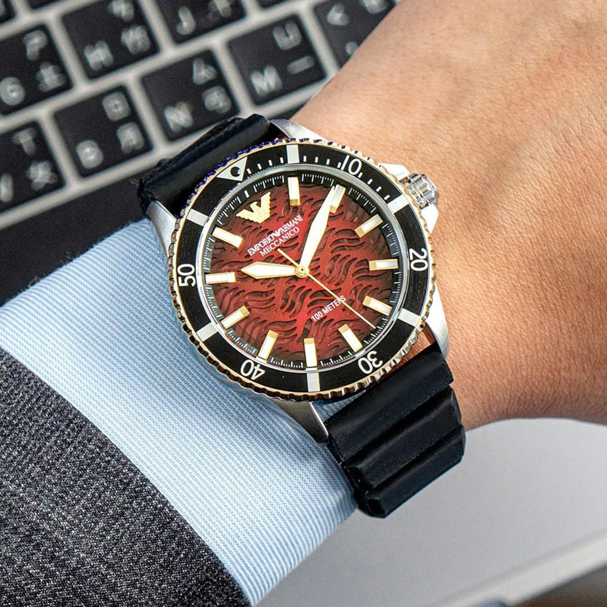 Emporio Armani Meccanico Automatic Red Dial Black Silicon Strap Watch For Men - AR60070