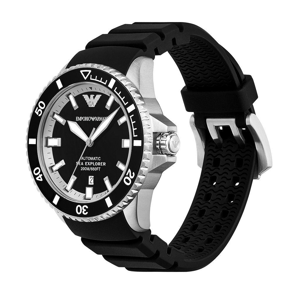 Emporio Armani Sea Explorer Automatic Black Dial Black Silicone Strap Watch For Men - AR60078