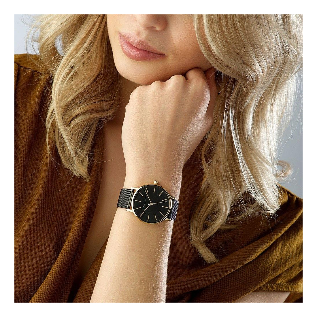 Armani Exchange Lola Three Hand Black Dial Black Mesh Strap Watch For Women - AX5548