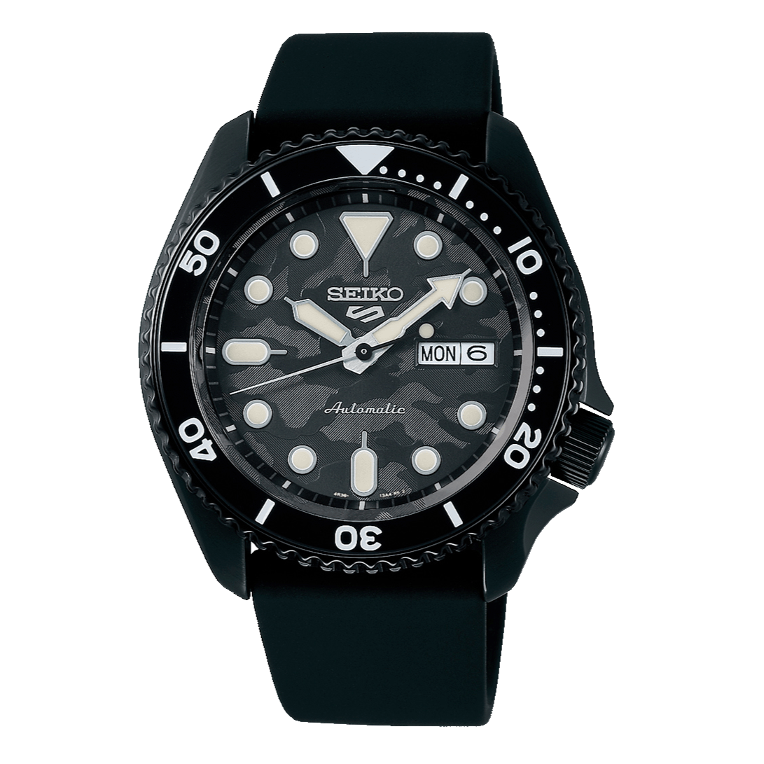Seiko 5 Sport Automatic Black Dial Black Silicone Strap Watch For Men - SRPD65K3