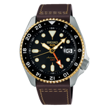 Seiko 5 Sports SKX GMT Automatic Mocha Black Dial Brown Leather Strap Watch For Men - SSK036K1