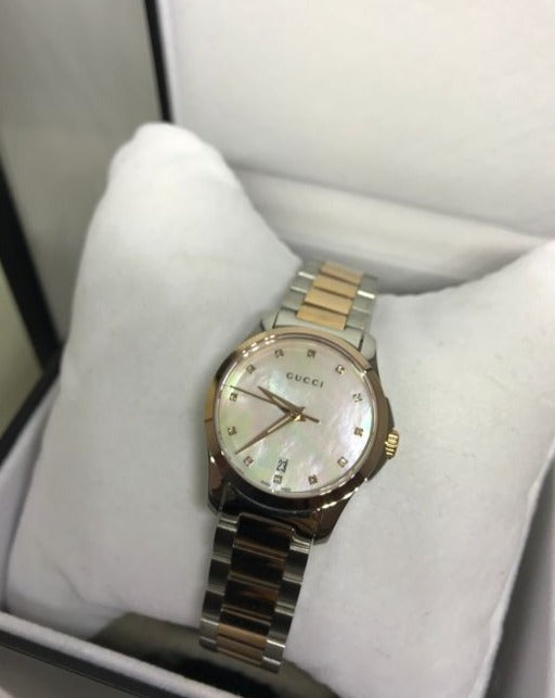 Gucci G Timeless Diamonds Mother of Pearl Dial Two Tone Steel Strap Watch For Women - YA126544