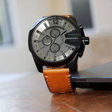 Diesel Mega Chief Chronograph Grey Dial Brown Leather Strap Watch For Men - DZ4463