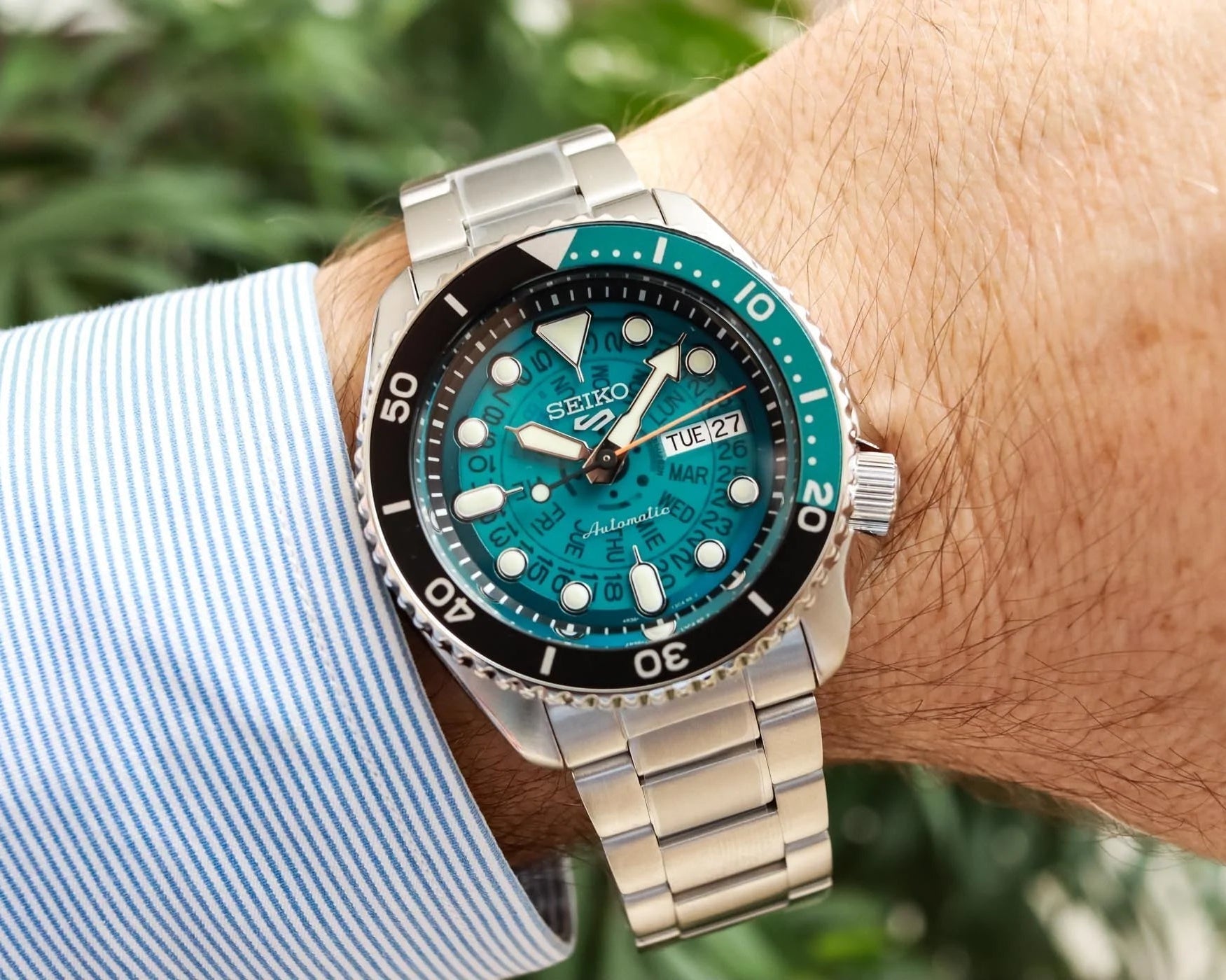 Seiko 5 Sports SKX Skeleton Green Dial Silver Steel Strap Watch For Men - SRPJ45K1