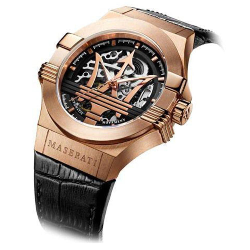 Maserati Potenza Automatic Rose Gold Dial Black Leather Strap Watch For Men - R8821108002