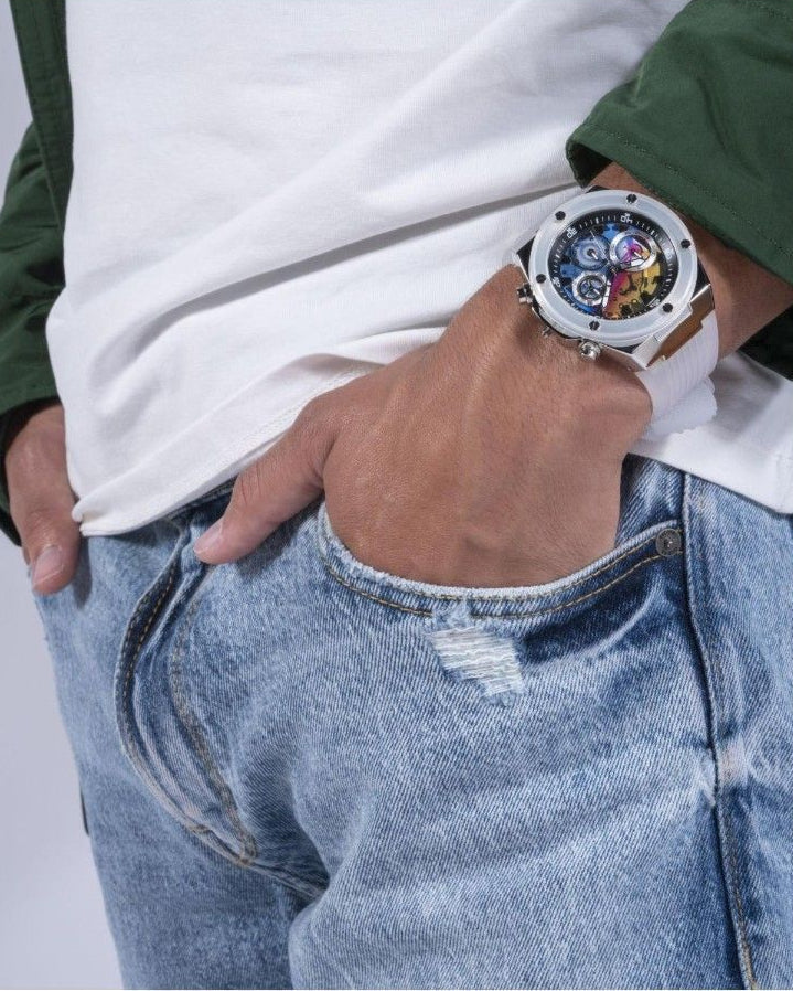 Guess Poseidon Chronograph Rainbow Dial White Silicone Strap Watch For Men - GW0425G4