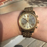 Michael Kors Lexington Chronograph Gold Dial Gold Steel Strap Watch for Women - MK5556