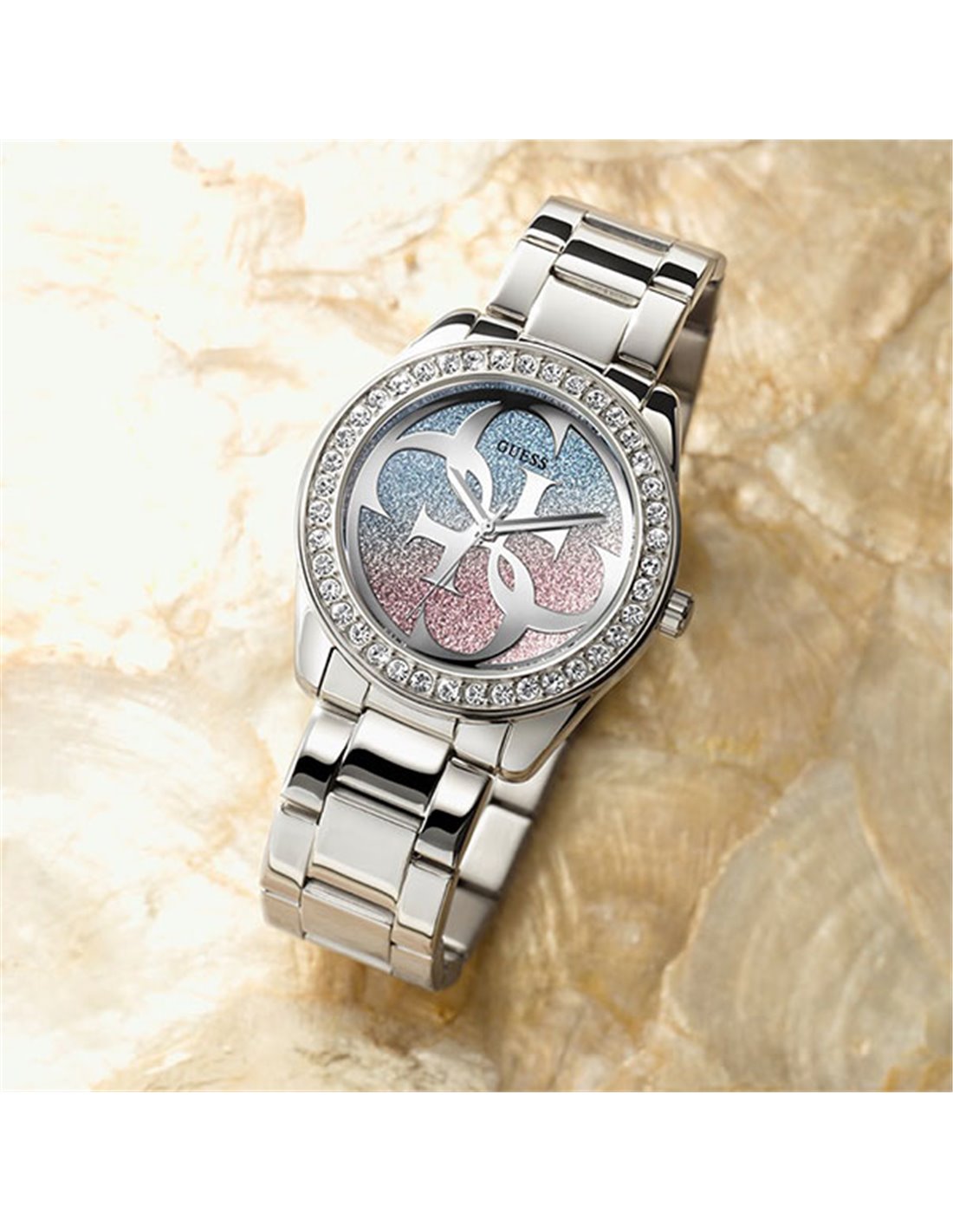 Guess G Twist Diamonds Silver Dial Silver Steel Strap Watch For Women - W1201L1