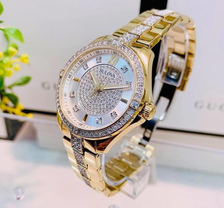 Bulova Crystal Collection Silver Crystal Dial Gold Steel Strap Watch for Women - 98L228