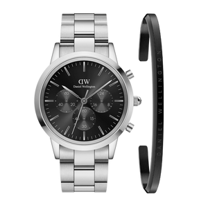 Daniel Wellington Iconic Chronograph Link Black Dial Silver Steel Strap Watch For Men  - DW00100645