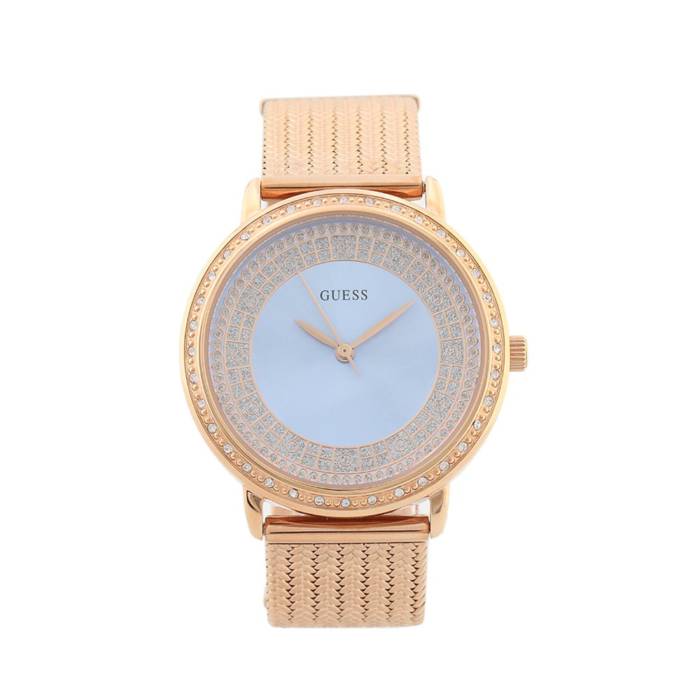 Guess Willow Crystal Blue Dial Rose Gold Mesh Bracelet Watch For Women - W0836L1