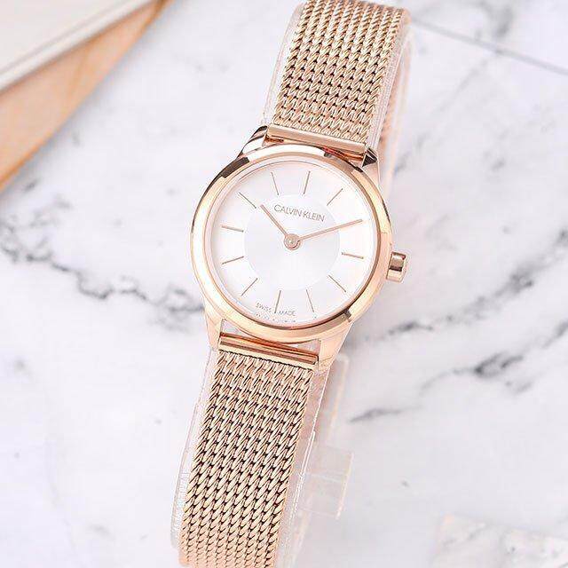 Calvin Klein Minimal White Dial Rose Gold Mesh Bracelet Watch for Women - K3M23626