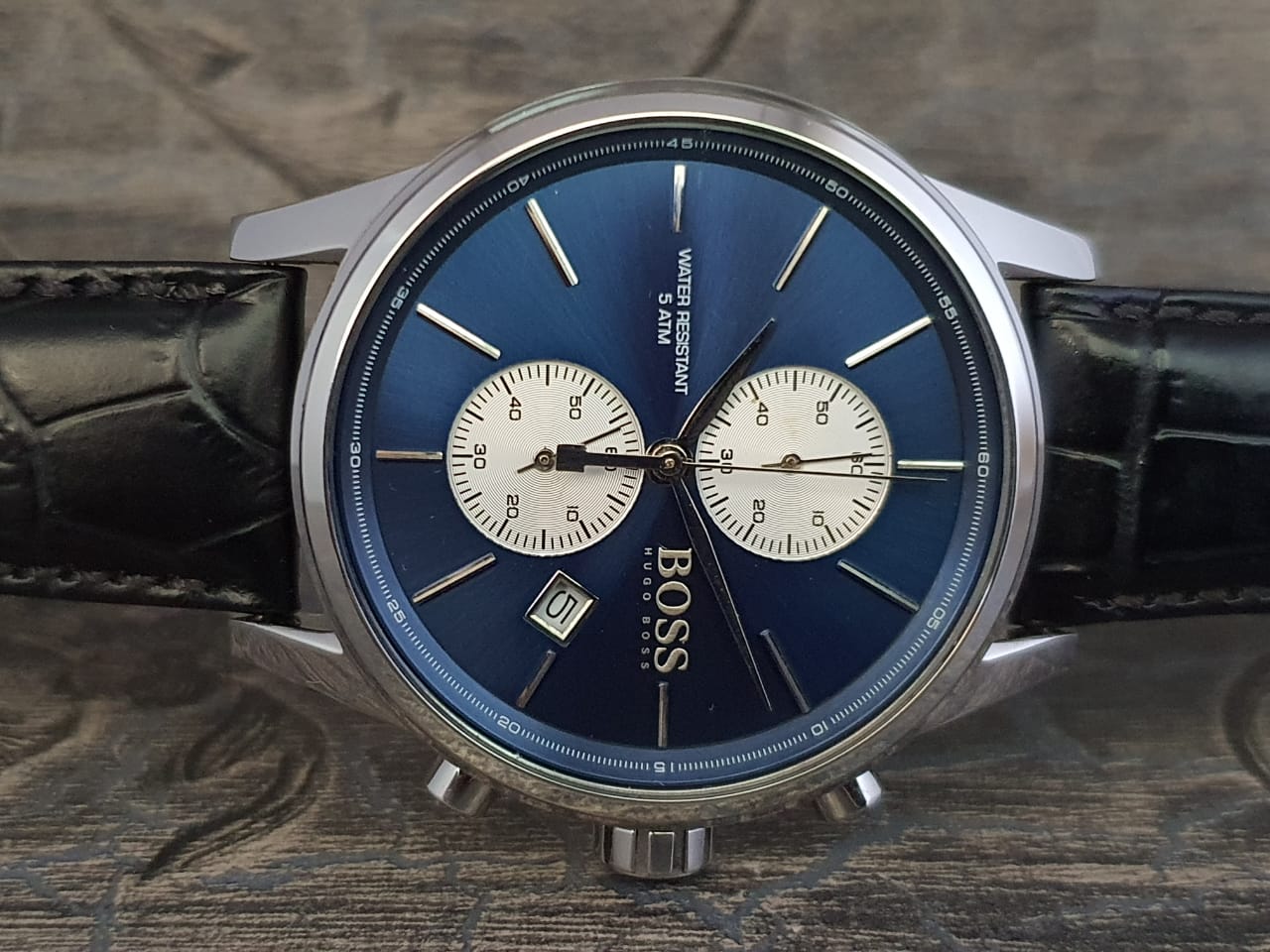 Hugo Boss Jet Blue Dial Black Leather Strap Watch for Men - 1513283