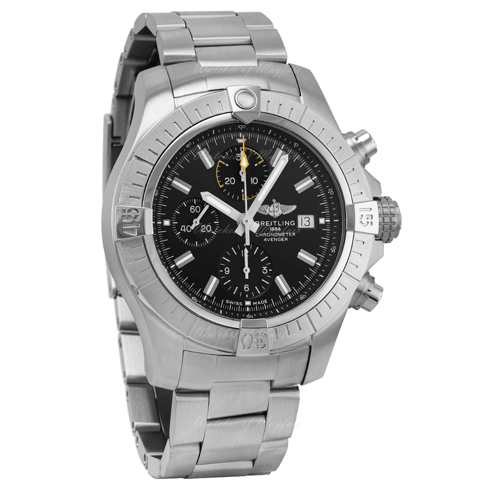 Breitling Avenger Chronograph 45mm Black Dial Silver Steel Strap Watch for Men - A13317101B1A1