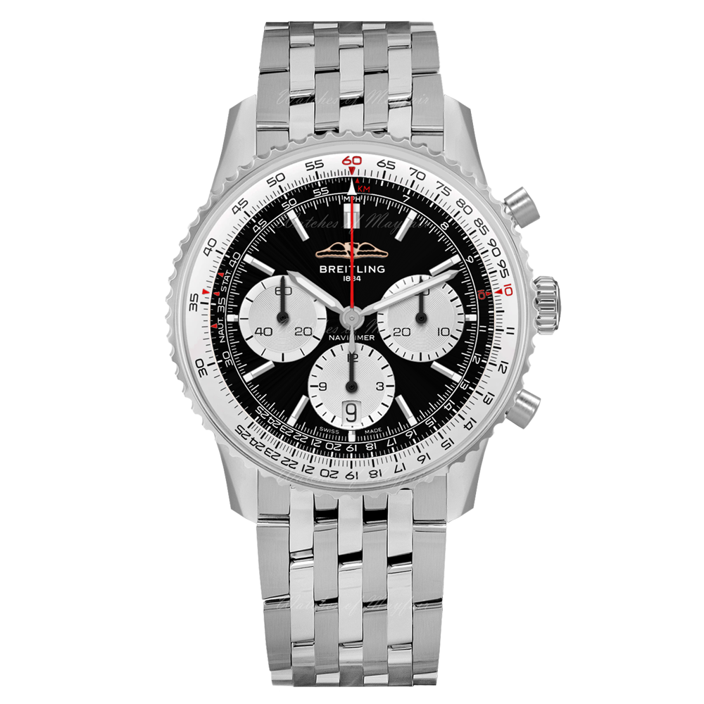 Breitling Navitimer B01 Chronograph 43 Black Dial Silver Steel Strap Watch for Men - AB0138211B1A1