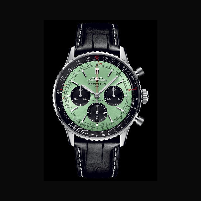 Breitling Navitimer B01 Chronograph 43 Green Dial Black Leather Strap Watch for Men - AB0138241L1P1