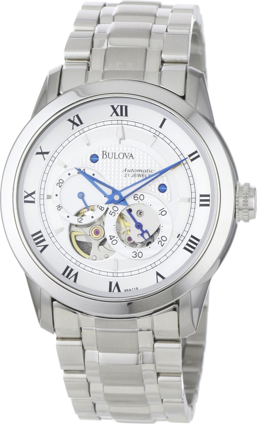 Bulova BVA Series Dual Aperture Silver Dial Silver Steel Strap Watch for Men - 96A118