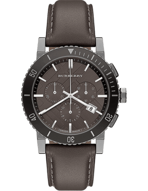 Burberry The City Chronograph Ion Plated Grey Dial Grey Leather Strap Watch for Men - BU9384