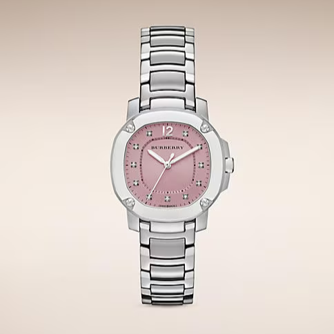 Burberry The Britain Diamonds Pink Dial Silver Steel Strap Watch for Women - BBY1805