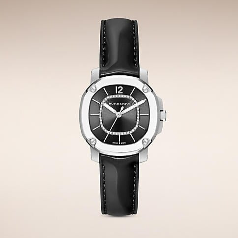 Burberry The Britain Diamonds Black Dial Black Leather Strap Watch for Women - BBY1809
