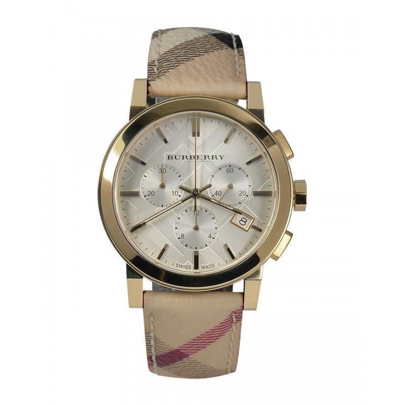 Burberry The City White Dial Haymarket Beige Leather Strap Watch for Women - BU9752