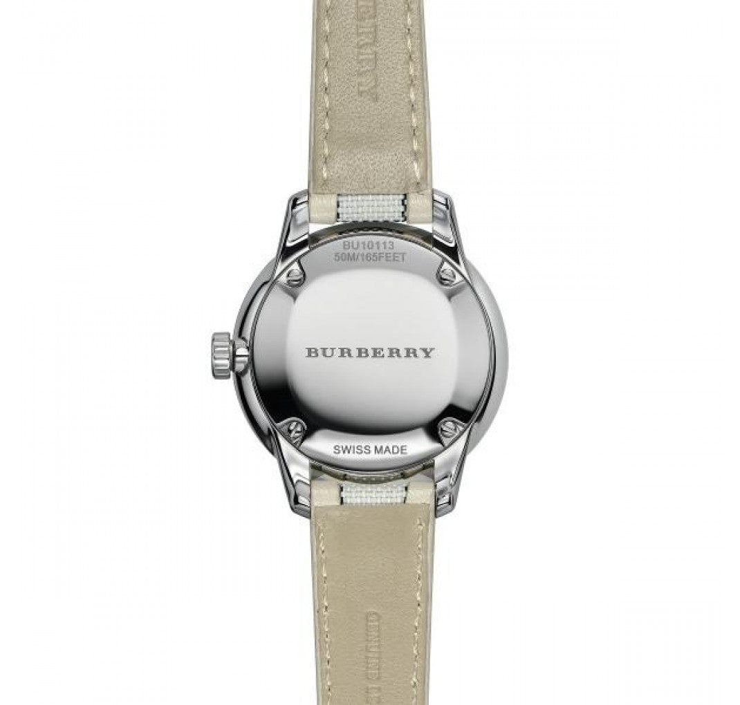 Burberry The Classic Guilloche Silver Dial Grey Leather Strap Watch for Women - BU10113