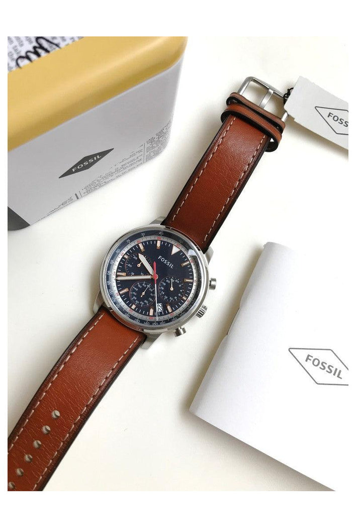 Fossil Goodwin Chronograph Blue Dial Brown Leather Strap Watch for Men - FS5414