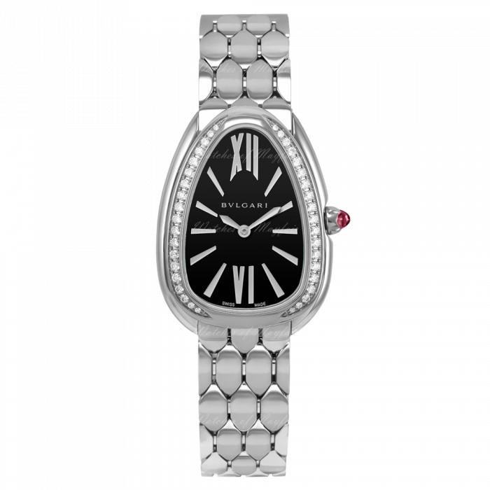 Bvlgari Serpenti Seduttori Diamonds Black Dial Silver Steel Strap Watch for Women - SERPENTI103449