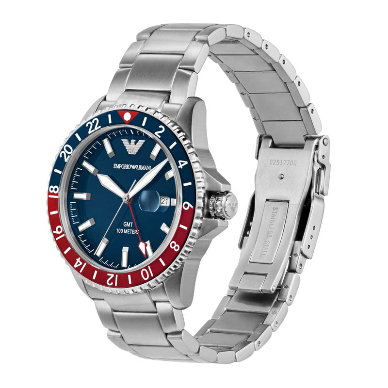 Emporio Armani Sea Explorer GMT Blue Dial Silver Steel Strap Watch For Men - AR11590