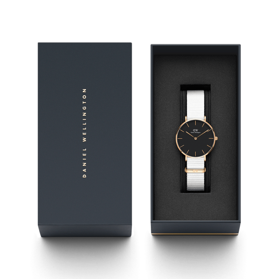Daniel Wellington Classic Petite Dover Black Dial White NATO Strap Watch For Women - DW001000314