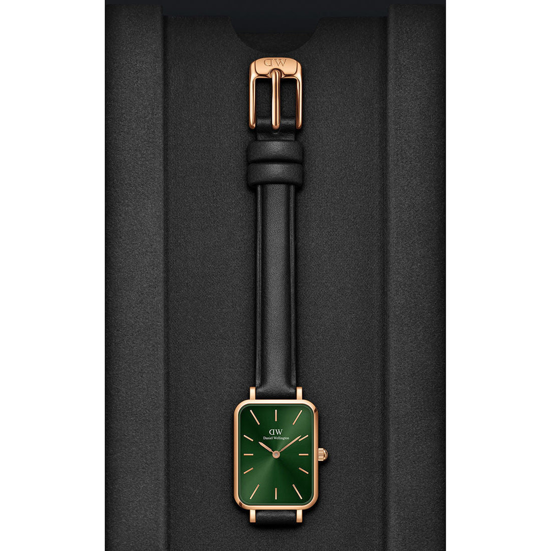 Daniel Wellington Quadro Pressed Melrose Emerald Green Dial Black Leather Strap Watch For Women - DW00100446