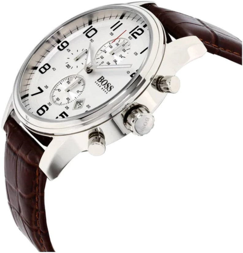 Hugo Boss Aeroliner Chronoraph White Dial Brown Leather Strap Watch For Men - 1512447