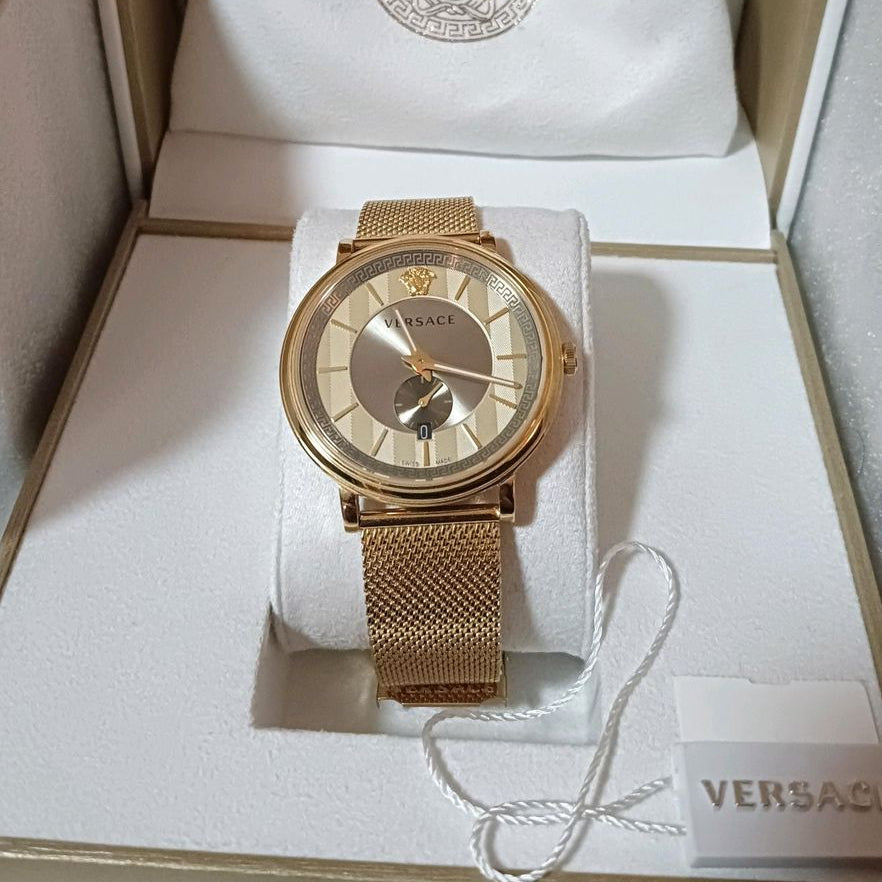Versace V Circle Quartz Gold Dial Gold Mesh Bracelet Watch For Men - VBQ070017