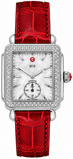 Michele Deco Mother of Pearl Dial Red Leather Strap Watch For Women - MWW06V000007