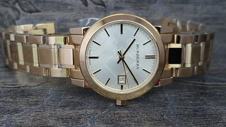 Burberry The City White Dial Gold Steel Strap Watch for Women - BU9103