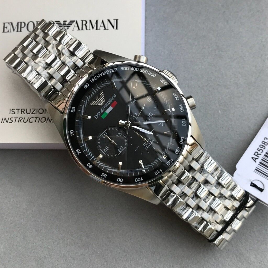 Emporio Armani Team Italia Chronograph Black Dial Silver Steel Strap Watch For Men - AR5983
