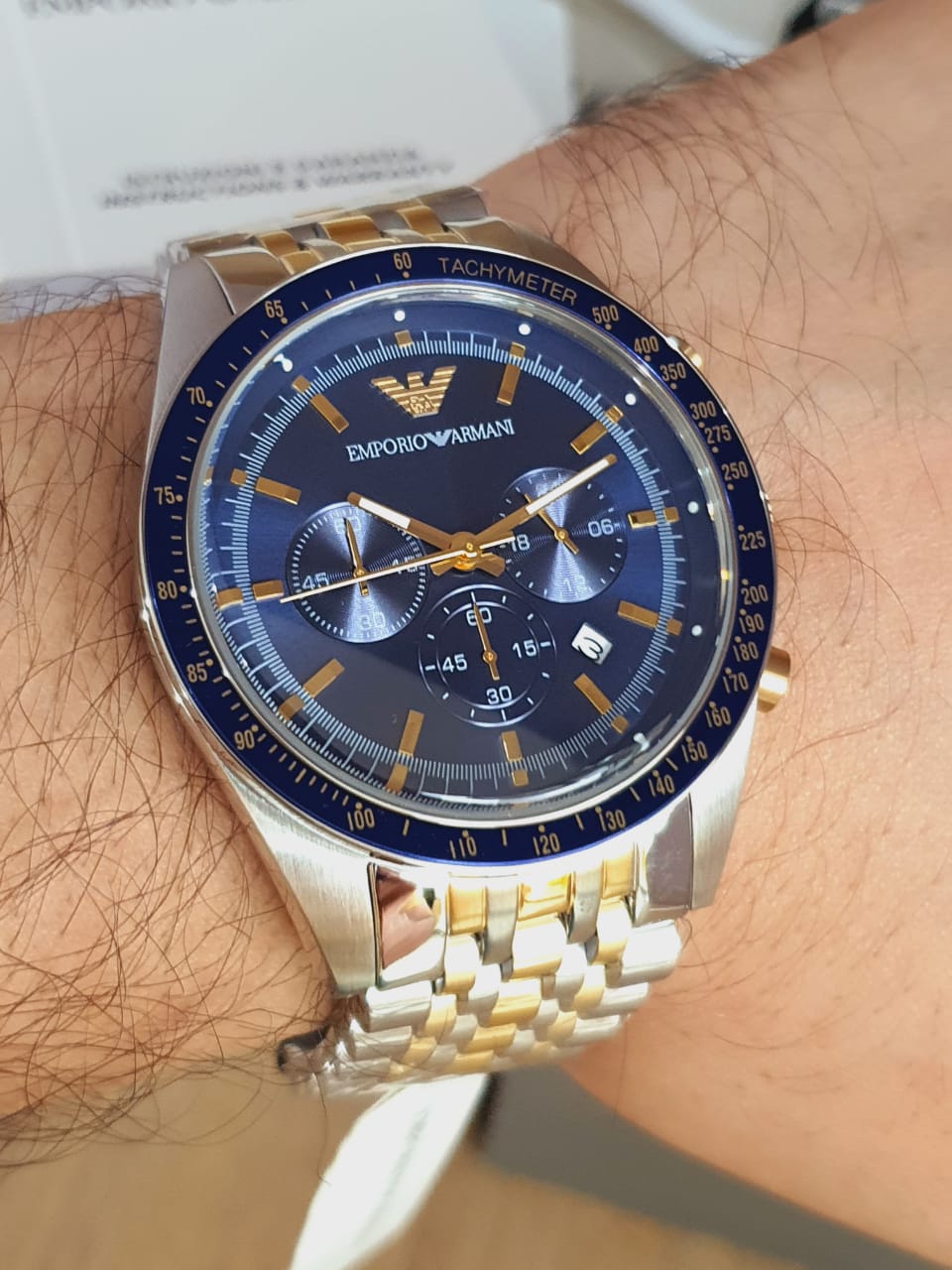 Emporio Armani Tazio Chronograph Blue Dial Two Tone Stainless Steel Watch For Men - AR6088