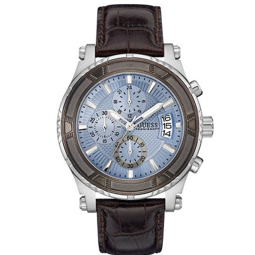Guess Pinnacle Chronograph Quartz Blue Dial Brown Leather Strap Watch For Men - W0673G1