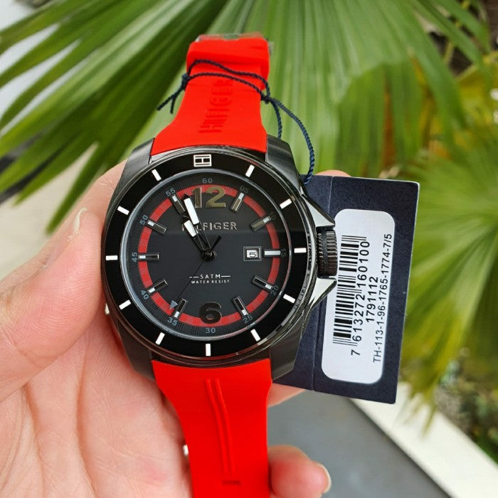 Tommy Hilfiger Windsurf Black Dial Red Rubber Strap Watch for Men - 1791112