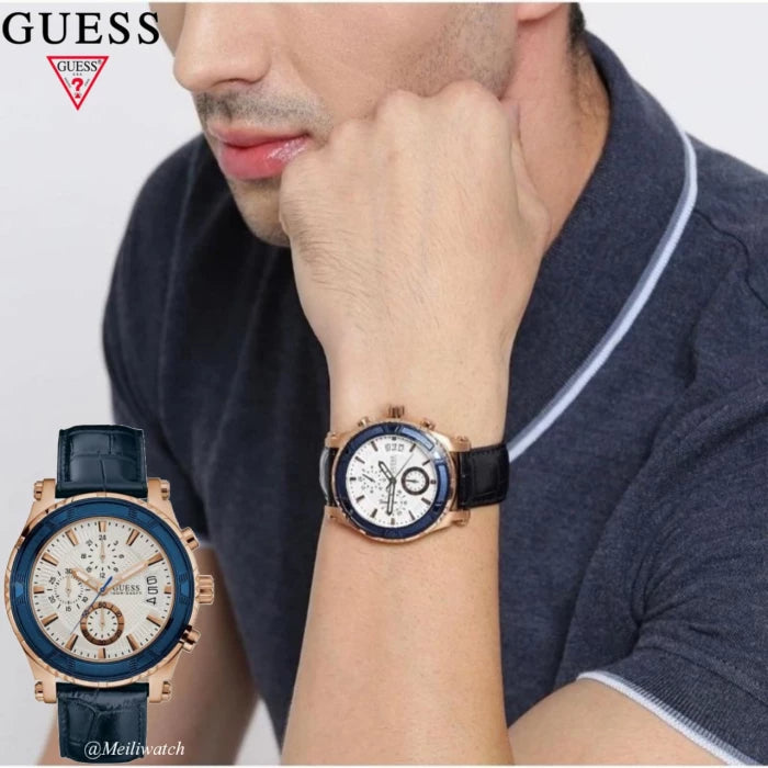 Guess Pinnacle Chronograph White Dial Blue Leather Strap Watch For Men - W0673G6